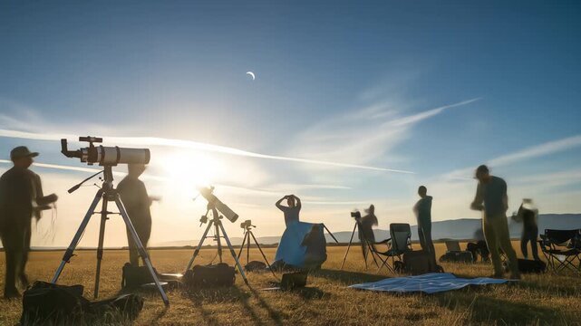 Timelapse of people observing solar eclipse with telescopes and binoculars in open field against bright sunlight and blue sky