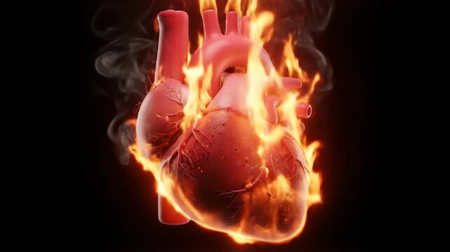 Human heart anatomy with vessel detail against black background