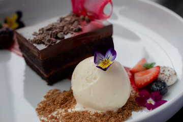 chocolate cake with ice cream and meringue