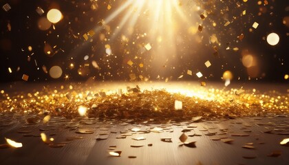 Naklejka premium Background With Golden Confetti Falling Onto The Floor Covered In Golden Confetti Illuminated By A Light Shining From Above Creating A Radiant Atmosphere