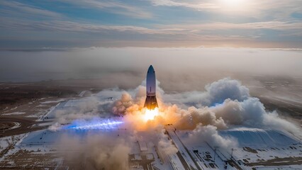A powerful rocket takes off from a snowy launch pad, surrounded by trees and a cloudy sky. Flames and smoke rise as the vehicle ascends into space, marking a significant moment.
