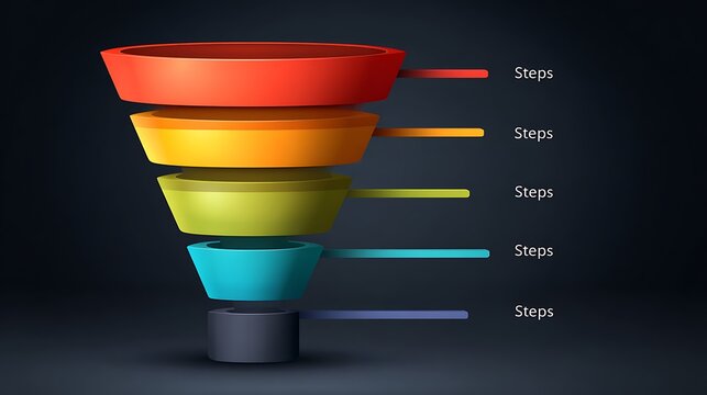 funnel diagram with 5 steps marketing pyramid or sales conversion cone business infographic template vector illustration.