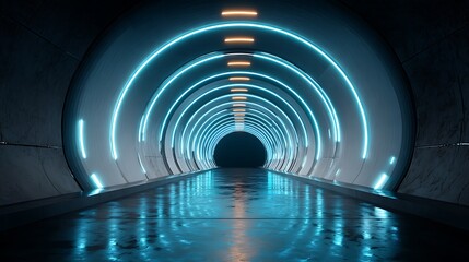 Futuristic Cyber Tunnel with Blue Neon Lights.