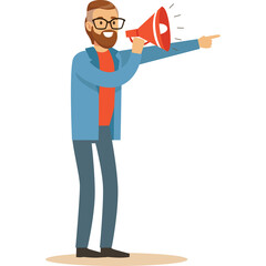 Man With Beard And Glasses Holding A Megaphone And Pointing Forward In A Blue Jacket Orange Shirt And Gray Pants With A Transparent Background