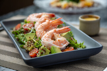 traditional Peruvian food, quinoa salad with prawns