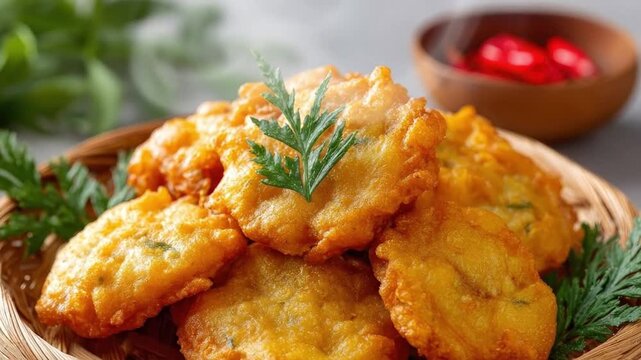 Golden-brown, crispy fried fritters are beautifully arranged in a rustic woven basket, garnished with fresh green herbs. This inviting close-up conveys warmth and homemade quality, ideal for culinary 