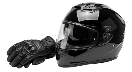 Fototapeta premium Shiny black full face motorcycle helmet and protective glove isolated on transparent background
