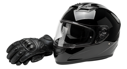 Shiny black full face motorcycle helmet and protective glove isolated on transparent background