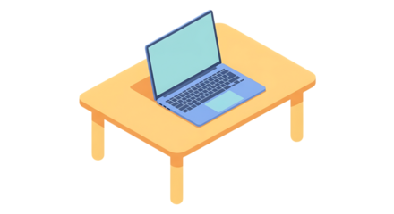 Isometric illustration of a laptop computer on a small wooden table isolated on transparent background