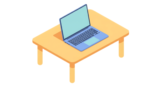 Isometric illustration of a laptop computer on a small wooden table isolated on transparent background