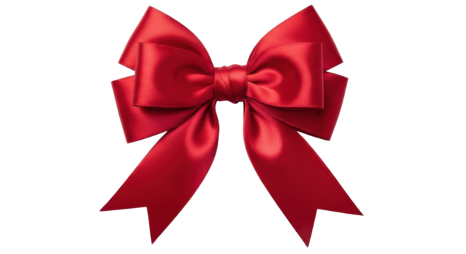 Vibrant red satin bow with elegant loops and tails, perfect for gift wrapping or festive decorations. bow smooth texture and rich color add touch of luxury and celebration