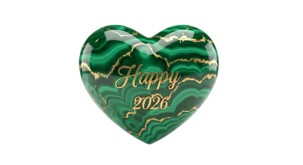 Shiny malachite heart stone with happy 2026 inscription isolated on transparent background