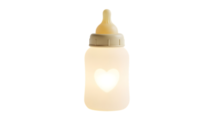 Illuminated baby bottle night light with heart shape isolated on transparent background