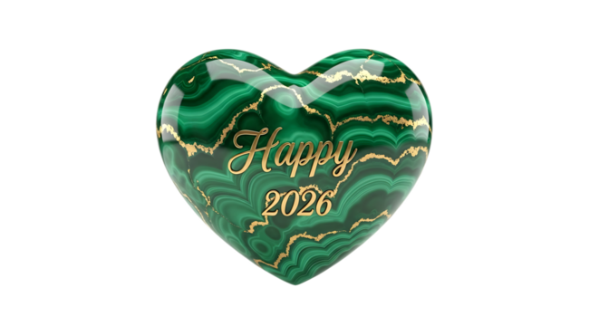 Shiny malachite heart stone with happy 2026 inscription isolated on transparent background