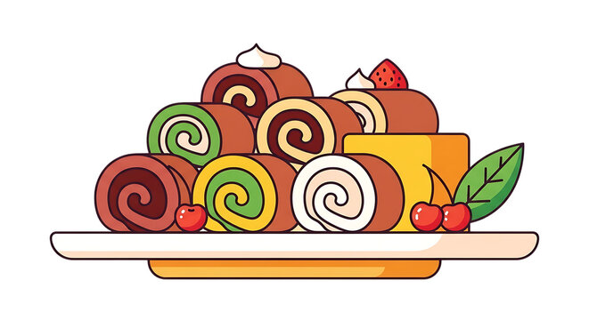 Assortment of colorful swiss roll cake slices stacked on plate isolated on transparent background
