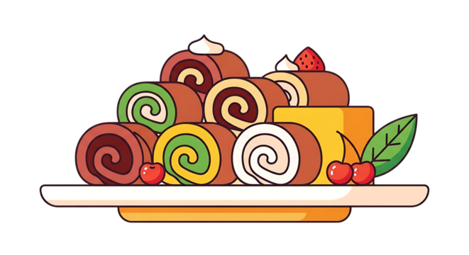 Assortment of colorful swiss roll cake slices stacked on plate isolated on transparent background