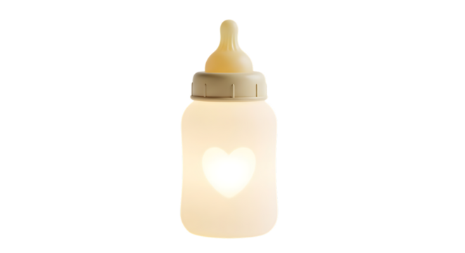 Illuminated baby bottle night light with heart shape isolated on transparent background