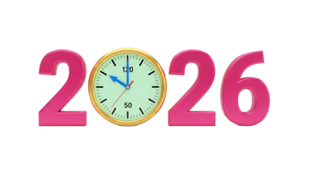Year 2026 concept with clock face replacing the zero, isolated on transparent background