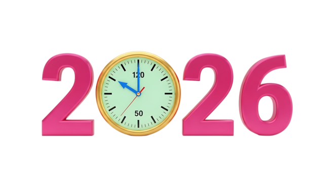 Year 2026 concept with clock face replacing the zero, isolated on transparent background
