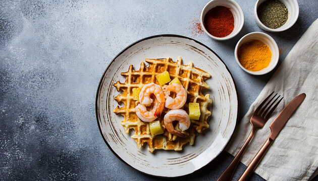 Wytrawne gofry z krewetkami i wędzonym ananasem