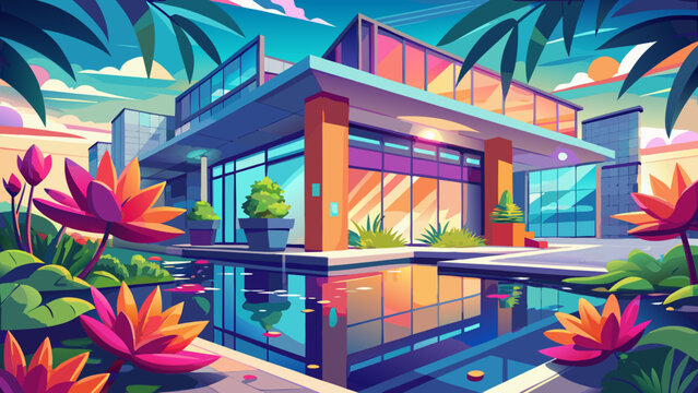 Very beautiful high-resolution photo of an office exterior featuring reflective water elements and vibrant flowers, creating a welcoming, modern, and aesthetically pleasing workspace environment.