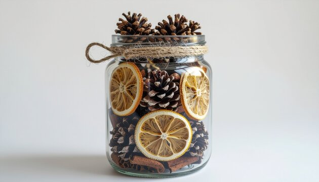 Christmas decoration with pine cones, cinnamon sticks, dried orange slices and star anise - Powered by Adobe