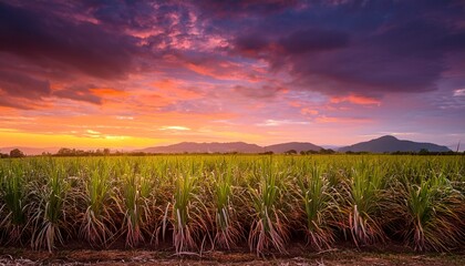 Golden Hour Light Illuminating Rows Of Tall Sugar Cane Stalks In A Vast Agricultural Field Under A Vibrant Orange And Purple Sky At Dusk Sunset Agriculture Dramatic