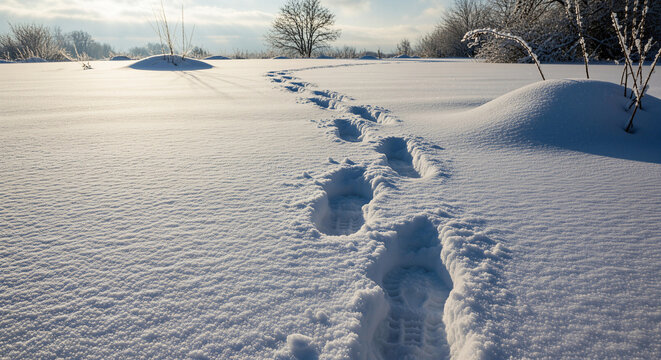 Deep footprints in fresh snow on winter field for travel and nature background