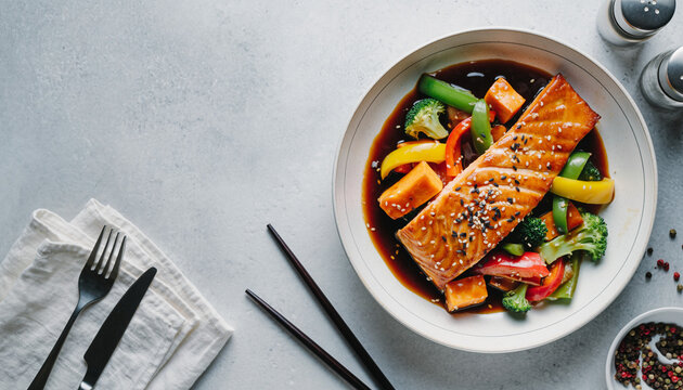  Łosoś teriyaki z batatami i warzywami