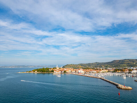 Panoramic Aerial View of Izola, a Historic Coastal Town on the Slovenian Adriatic Sea - Powered by Adobe