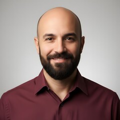 Confident portrait of a smiling young adult man in a maroon shirt against a clean neutral background, showcasing modern professional style, friendly expression, and studio lighting ideal for business 