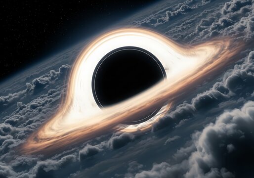 Cosmic black hole illustration above atmospheric clouds in deep space