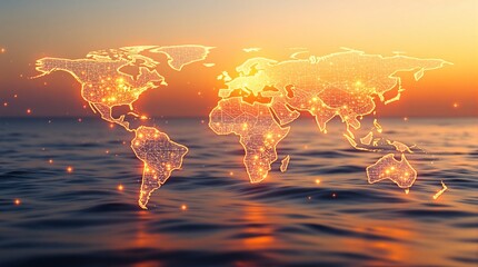 Glowing World Map Over Water at Sunset