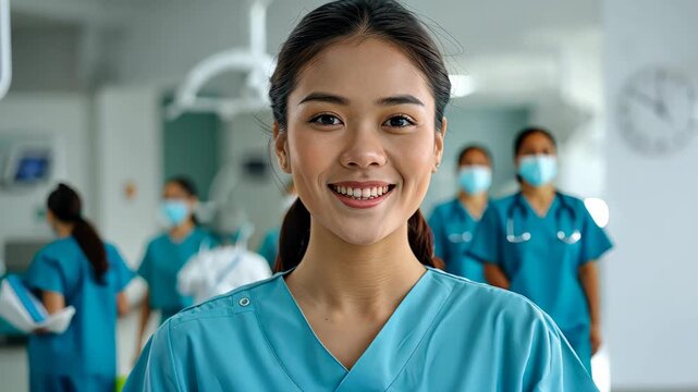 Empathetic Healthcare: A dedicated medical professional radiates warmth and care, surrounded by her focused team, embodying trust and expertise in a modern medical environment.