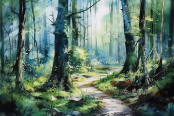Fototapeta premium A watercolor illustration of a quiet forest path leading through dense trees and soft morning light. 