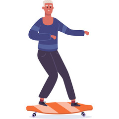 Pixelated Person With White Hair Skates on Orange and White Striped Skateboard Wearing Blue Sweater and Dark Pants Isolated on White Background