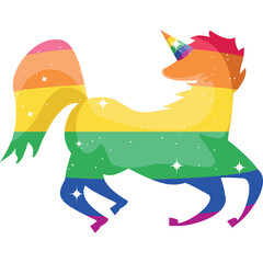 Pixelated Rainbow Unicorn Silhouette with Glittering Stars on Transparent Background