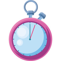 Pixelated pink stopwatch with a light blue face and red second hand on a transparent background representing time measurement and urgency