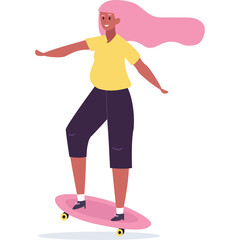 Pixelated Woman With Long Pink Hair Skateboarder Performing A Trick On A Pink Skateboard With Yellow Wheels On A White Background