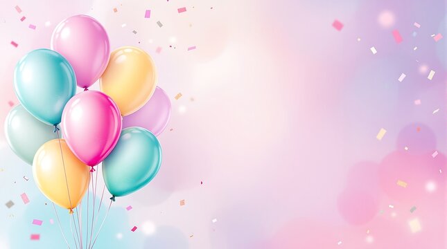Bunch of colorful pastel balloons with confetti on blurred background