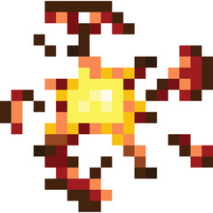Pixelated Explosion Effect With Bright Yellow Center And Reddish Brown Outward Debris Against A White Background