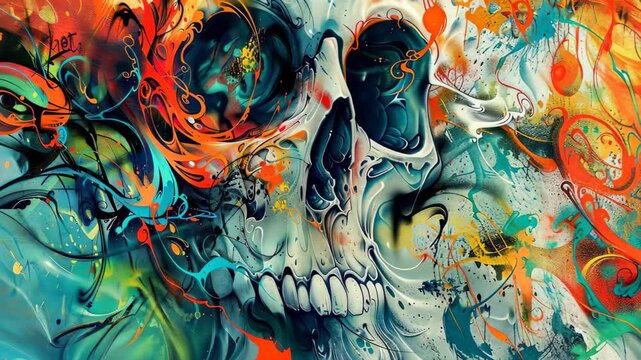 Melancholy Palette of a Skull: An evocative image of a skull, vividly rendered with an explosion of vibrant colors, each brushstroke tells a story, blending a dark theme with artistic expression. 