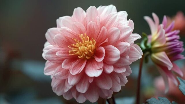 This enchanting close-up shot features a beautiful, soft pink flower, possibly a dahlia or peony, blooming gracefully with a delicate layering effect, hinting at gentle movement or a dreamy slow-motio