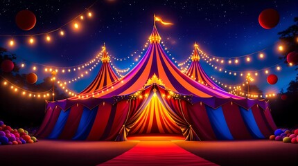 Circus Tent with Lights and Red Carpet Under Night Sky