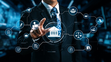 Futuristic digital law interface displaying justice scale, highlighting digital law, AI compliance, digital law systems, and digital law regulations for secure governance. Elide
