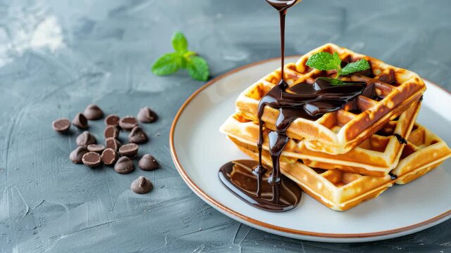 Waffles with Chocolate Delight: A stack of golden, perfectly cooked waffles is lavishly drizzled with rich, glossy chocolate sauce.