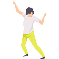 Man with Short Dark Hair Wearing White T-shirt and Yellow Pants Dancing with Arms Raised and Fingers Pointing Upwards on Transparent Background