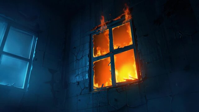 Burning Window: Flames erupt from a window against the backdrop of a dark room, creating a striking scene that conveys danger, destruction, and a sense of urgency.