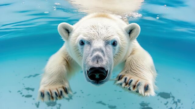 Submerged Majesty: A captivating view of a polar bear submerged underwater, it's gaze directed towards the viewer, embodies the serene elegance of the Arctic.
