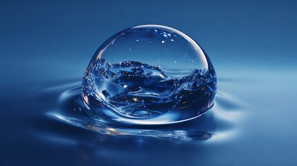 Crystal clear water drop with a tiny ocean inside with abstract concept.